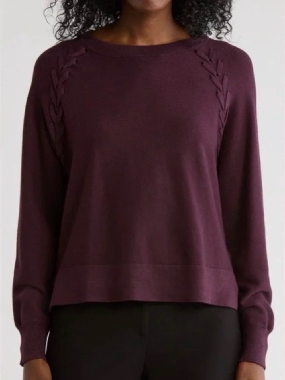 Adrianna Papell Plum Crewneck Sweater with Braided Shoulder Detail